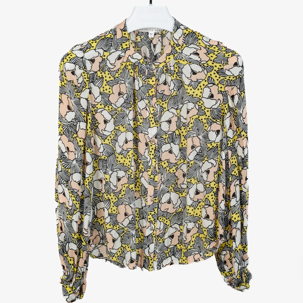 Veronica Beard Yellow & Nude Beachside Floral Silk Buttoned Blouse